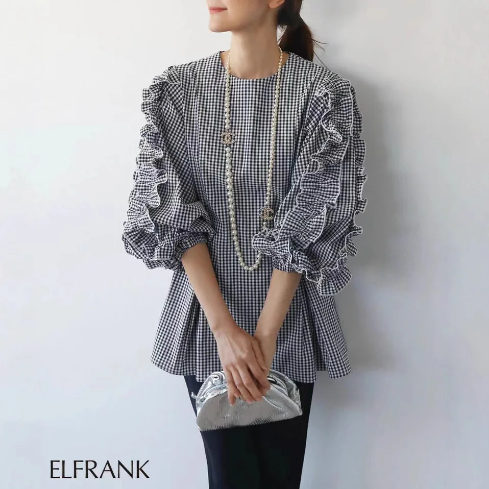 롯데 봄 여름 여성용 달콤한 루즈 라운드 넥 디자인 러플 긴팔 셔츠 탑