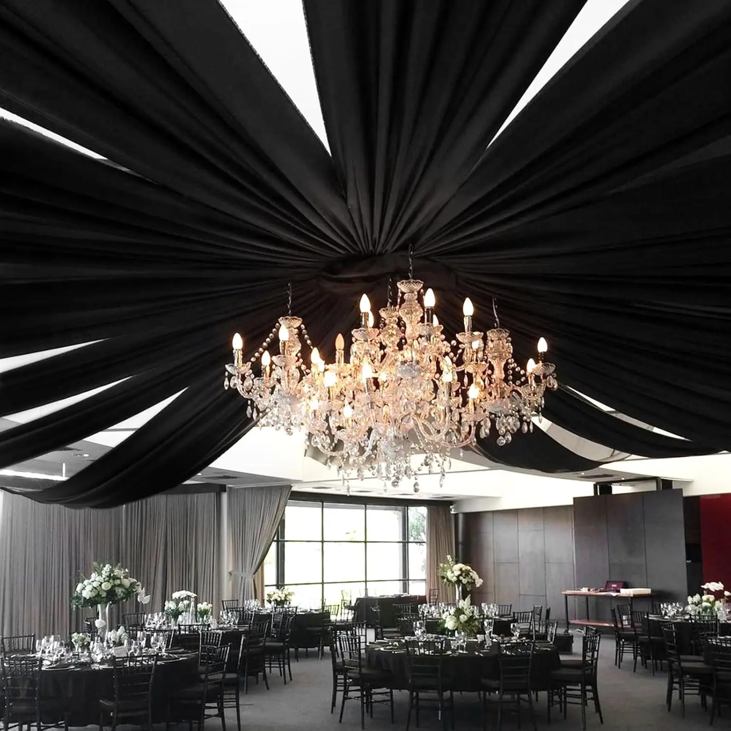 

Wedding Chiffon Ceiling Drapes Black 18 Panels 5ftx10ft Long Arch Draping Fabric Sheer Swag Drapes for Indoor Ceremony Party Sta