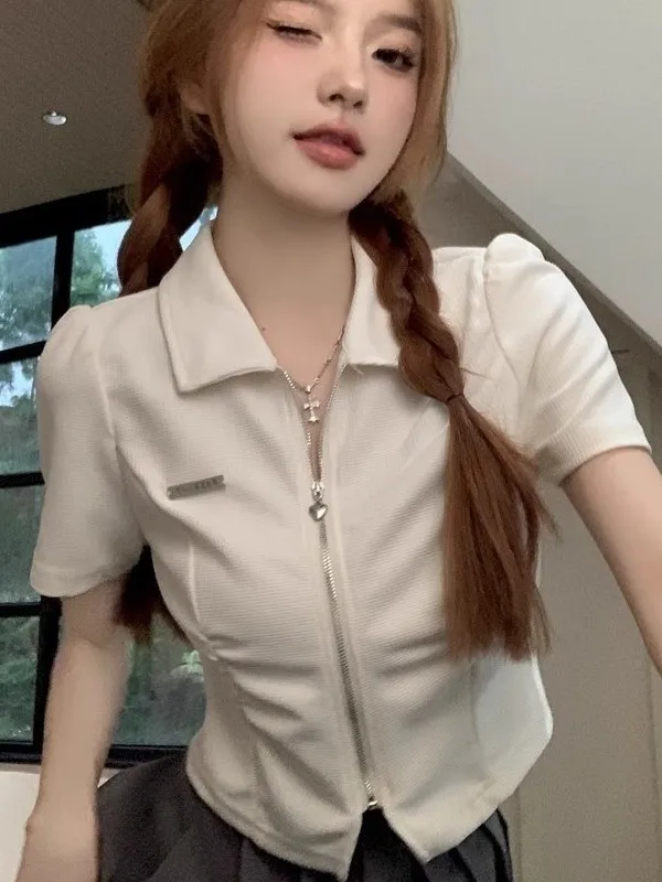 Summer New Sle Women's  Ne ort Sve T-irt Zipper Design Slim Fit ort Length Top Large Size oulder Width
