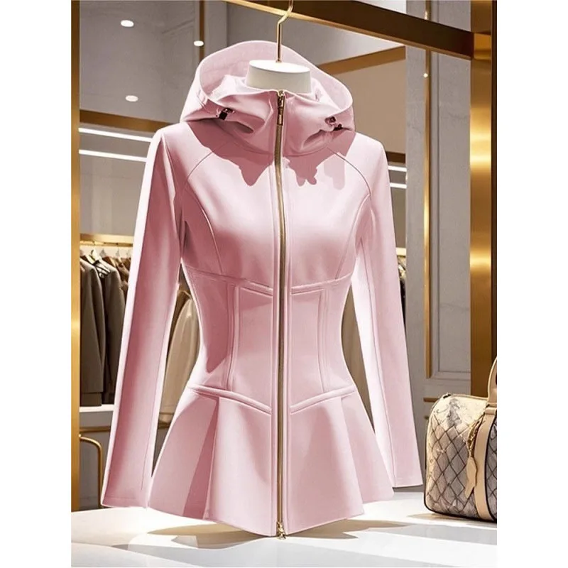 

Fashion 2025 New Spring Autumn Hooded Short Jacket Women High Quality Waist Casual Wild Collection Pink Coat Female Outwear