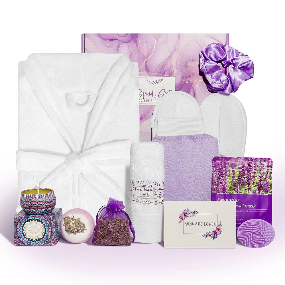 2024 New Products Purple Lavender Gift Set for Women Relaxing Spa Gift Basket Set Care Package with Bathrobe Scented Candle