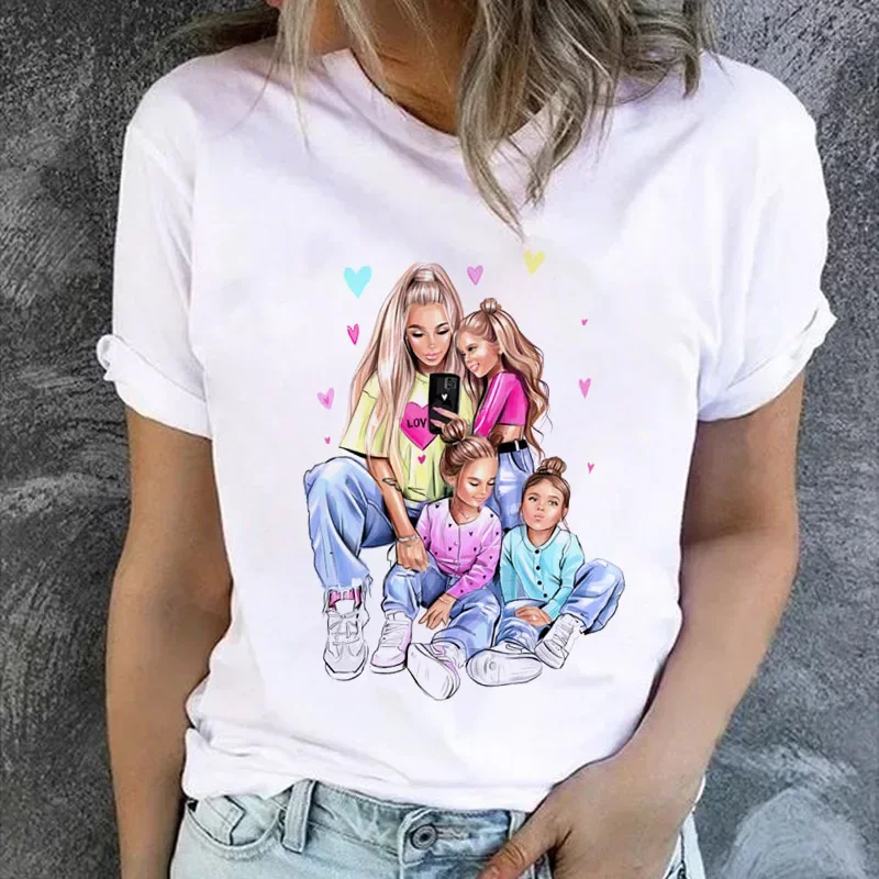 Women Cartoon Momlife Mom Mother Three Girls Print Mother Lady T-Shirt Top T Shirt Ladies Womens Graphic Female Tee T-Shirt