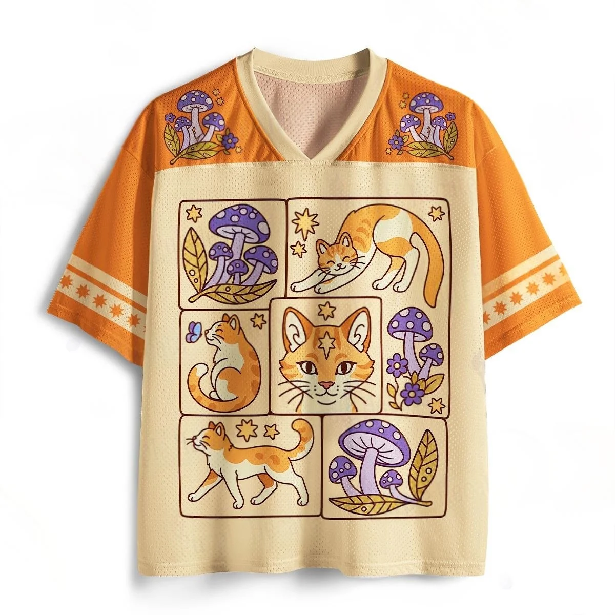 Sweet themed niche soft and cute mushroom cat club themed pattern with vibrant color matching, 3D printed mesh T-shirt