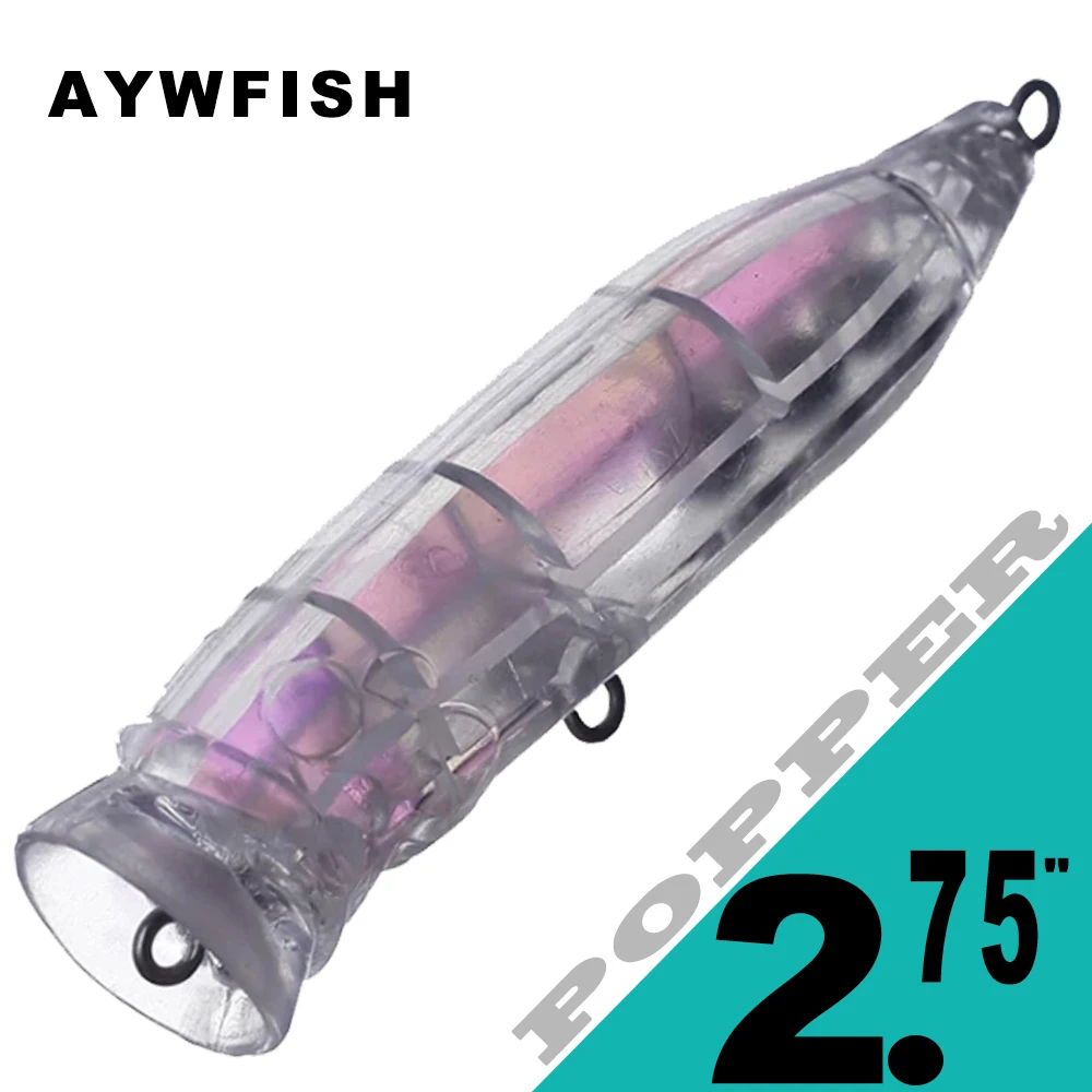 

AYWFISH 10PCS / LOT Unpainted Popper Topwater Bait 7CM 7.9G Holographic Inside Wobbler Large Mouth Fishing Lure Blanks Bodies