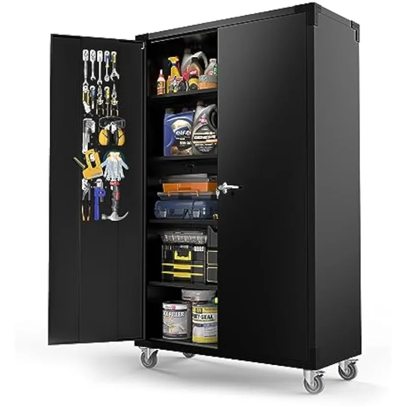 VINGLI Upgraded Wide & Deep Garage Storage Cabinet, Metal Storage Cabinet with Pegboards, Wheels(Black, 43''W x 20''D x 72''H)