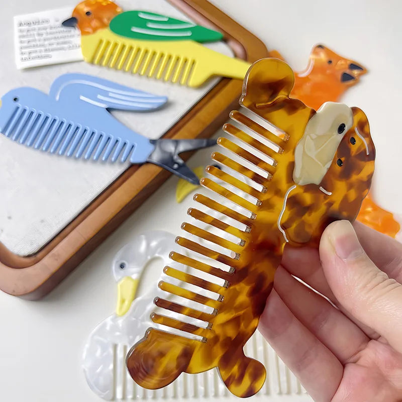 1PC Kawaii Acetate Comb Wide Tooth Detangler Cute Dog Swan Color Blocking Hair Brush Travel Essential
