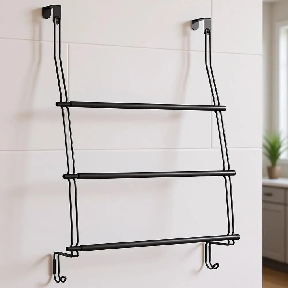 

Трехуровневая раскладная вешалка для полотенец на душевую дверь с 2 крючками для полотенец, мочалок и банных принадлежностей - матовый черный