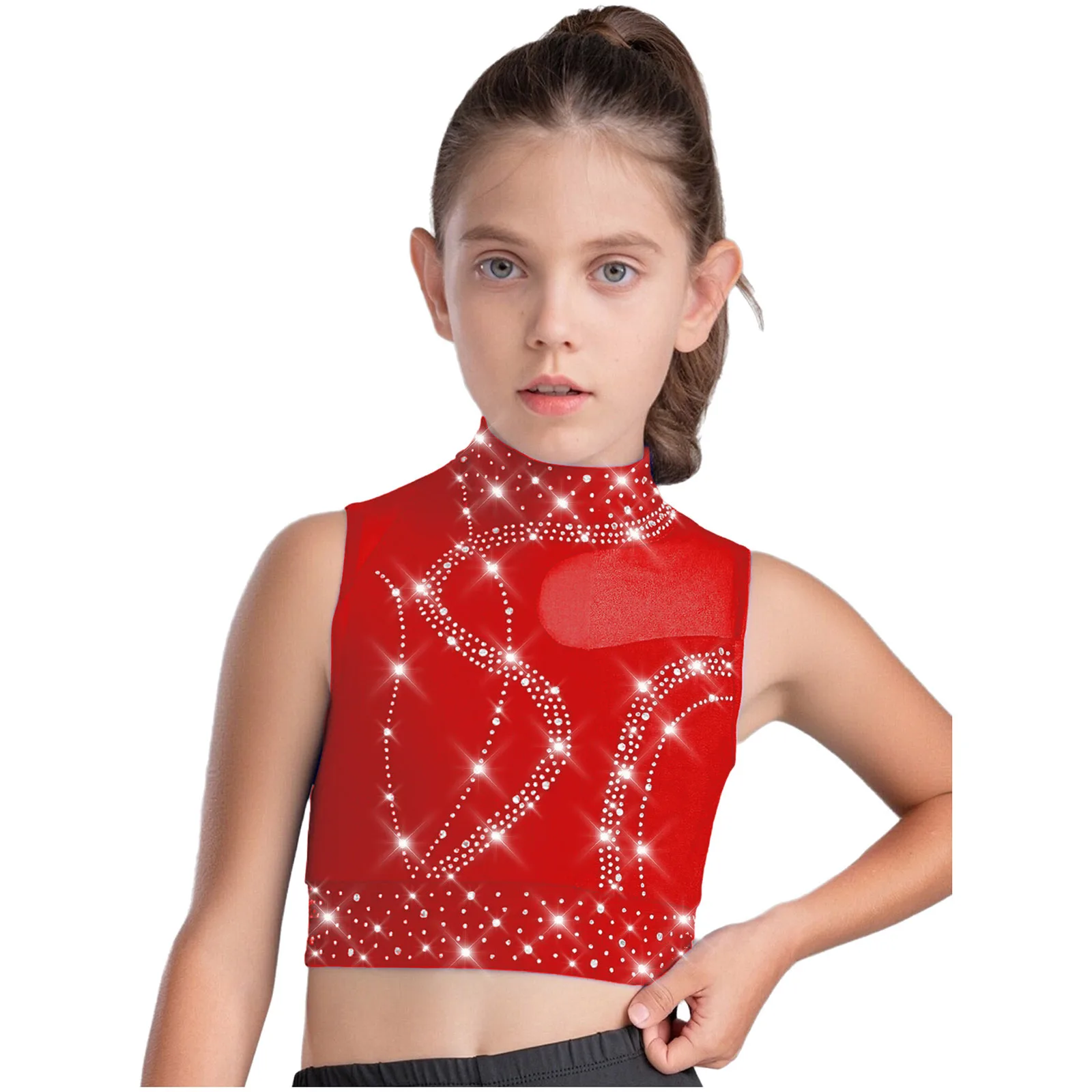 لامعة الراين الجمباز الرقص القمم أطفال بنات الشكل التزلج أداء المنافسة زي بلا أكمام بقماش شفاف المحاصيل الأعلى #2