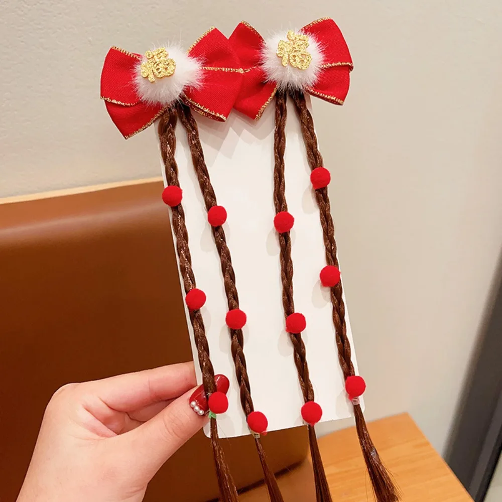 

Fresh Tassel Wig Hairpin Lion Dance Fringe Red Bow Hair Clip Wig Tang Suit Hair Clip Ball Hairpin Children