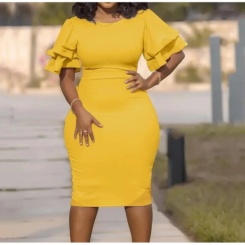 XL-5XL 드레스 여성 오-넥 랜턴 슬리브 슬림 나이트 솔리드 파티 짧은 드레스 오버 사이즈