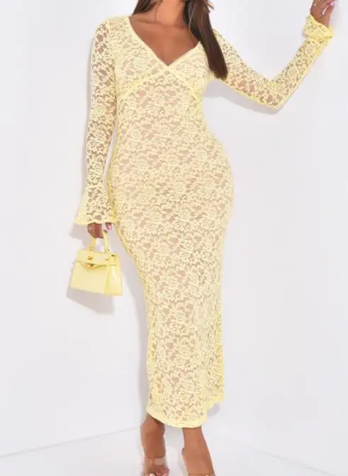 

Womens Dresses 2025 Autumn Y2K Sexy Lace Hollow Out Long Sleeved Dress Fashionable Retro Elegant Dress for Women