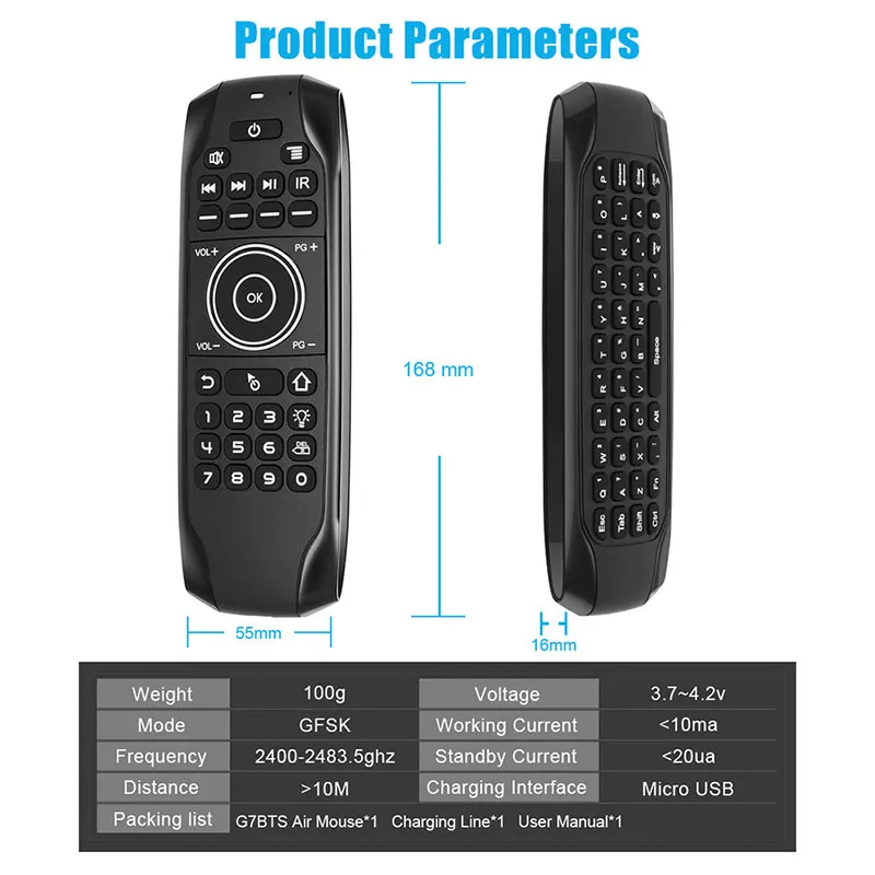 Giroscopio G7 BTS5.0 Air Mouse, Mini Teclado retroiluminado, inalámbrico, aprendizaje IR, Android, Smart TVBOX, Control remoto