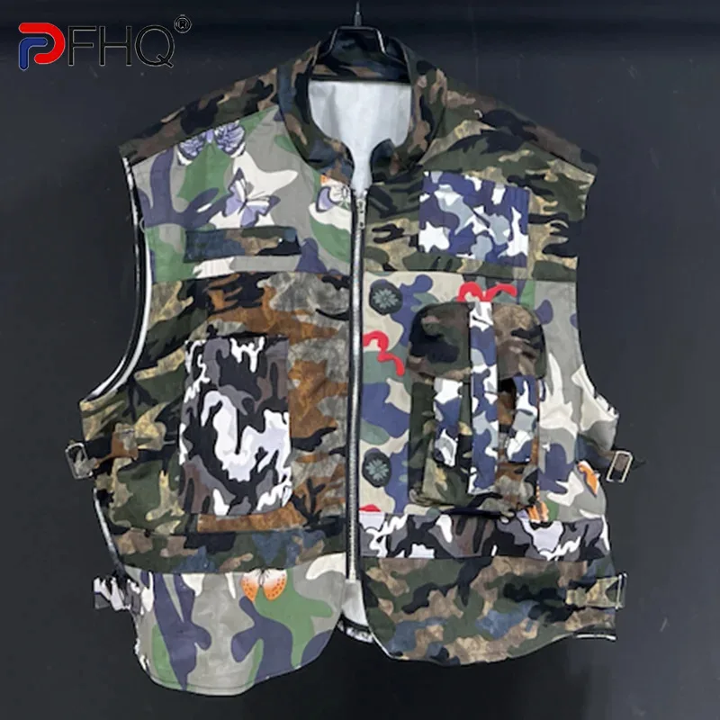 

PFHQ Camouflage Patchwork Design Male Waistcoat Advanced Hip-hop Pattern Cool Streetwear Zippers Outdoor Vest Summer New 21Z4446