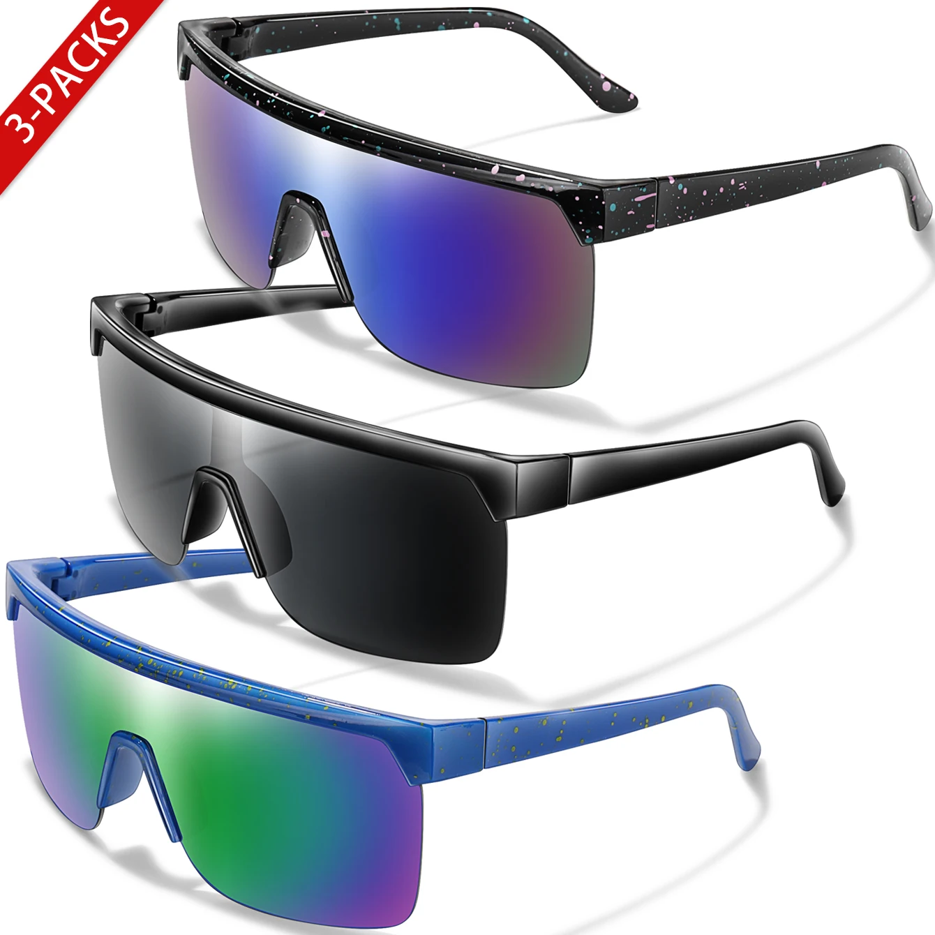 3-teilige quadratische Angel-Sonnenbrille, UV400, winddicht, Outdoor-Sport, Radfahren, Reiten, Wandern, Schutzbrille, Fahrbrille für Männer und Frauen