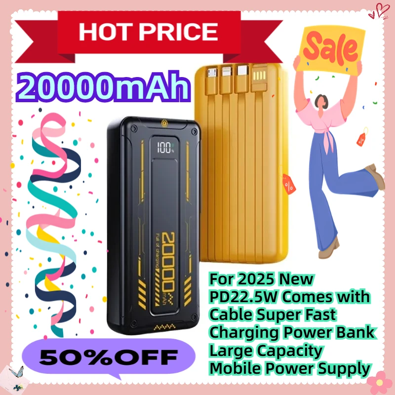 

For 2025 New PD22.5W Comes with Cable Super Fast Charging Power Bank 20000 MAh Large Capacity Mobile Power Supply