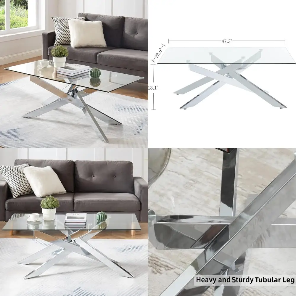 

Modern Rectangular Coffee Table with Tempered Glass Surface and Silver Metal Frame, 47.3 Long x 23.6 Wide x 18.1 High