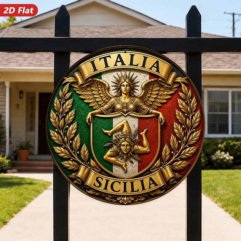 2D Flat, [2D Flat] 2D Flat Print 1pc Round Metal Iron Sign, Italian Sicily Emblem Wall Art, Suitable for Bedroom Office, Home De