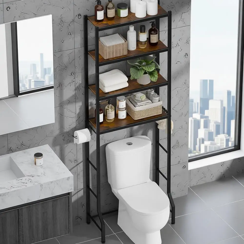 

Over-The-Toilet Storage Rack - Freestanding Over The Toilet Storage Cabinet with Paper Holder & Hooks, Bathroom Organizers and S