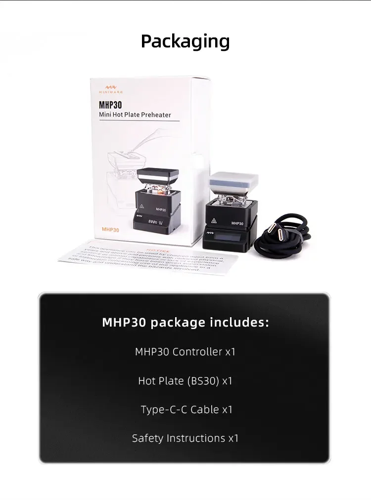 MINIWARE MHP30 Mini Verwarmingsplaat Voorverwarmer 30*30mm Verwarmingsoppervlak Constante Temperatuur Verwarmtafel 300 ℃ Intelligente verwarmingstafel