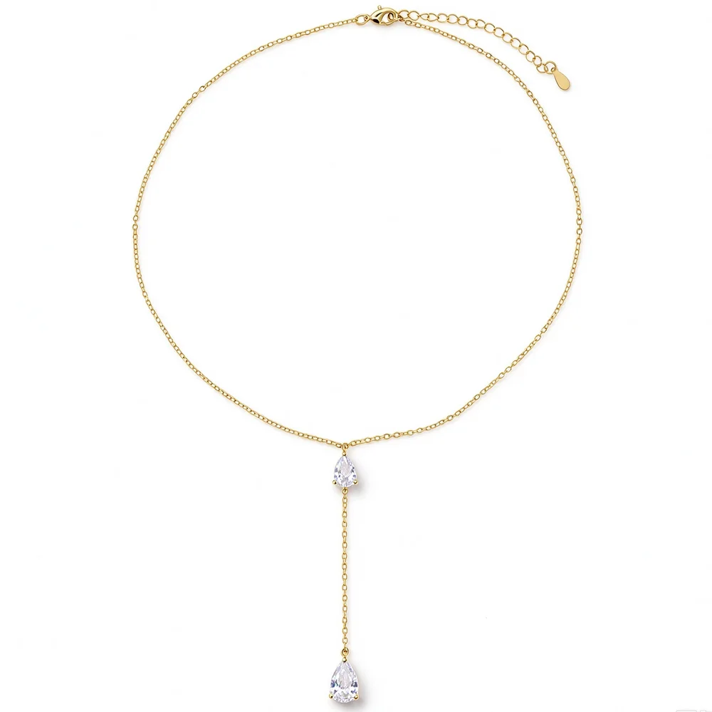 New Luxury Sparkling Bling Water Drop Cubic Zirconia CZ Y‑Shaped Necklace Bride Wedding Party Sexy Fashion Jewelry Wholesale