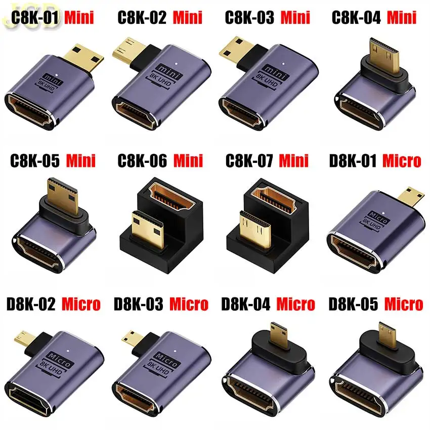 HDMI-Compatible Adapter Plug 8K 60HZ Mini Micro HDMI-compatible Connector 90 Degree Right Angle Male to Female Converter Extende