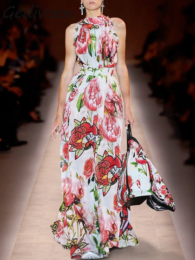 

Gedivoen Summer Fashion Designer Vintage Floral Print Dress Women Stand Collar Ruffles Holiday Party High Waist Vest Long Dress
