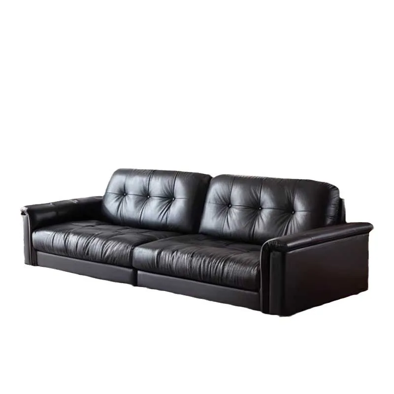 

Medieval leather sofa first layer cowhide retro living room straight row black sofa