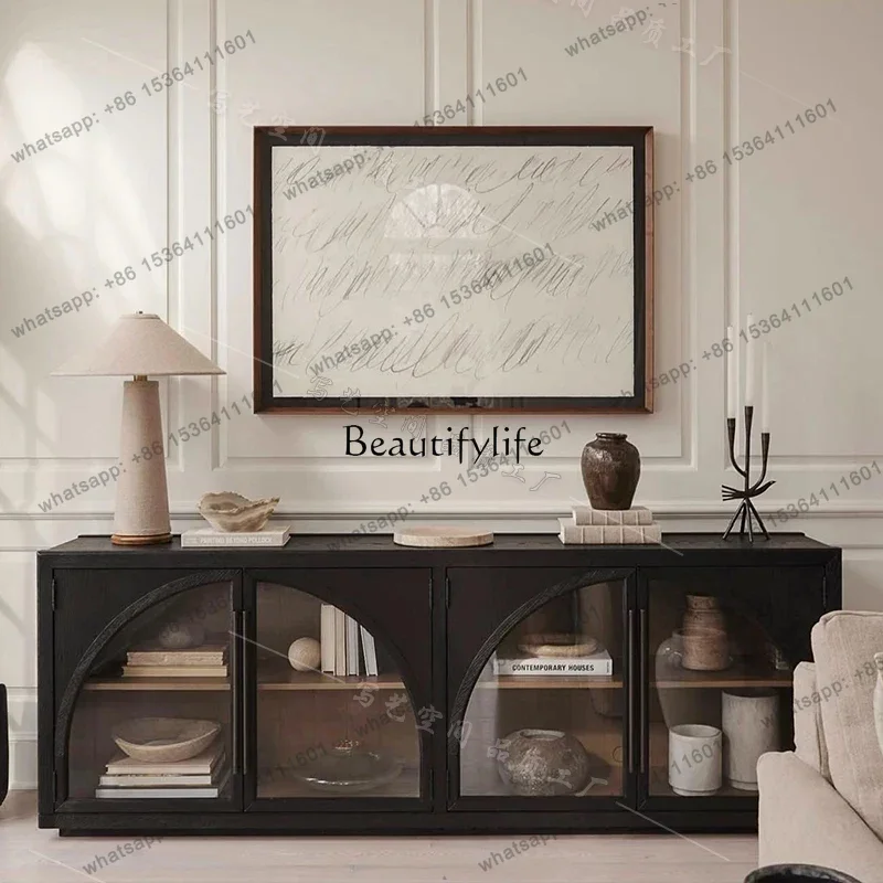 

X4 FG10*French retro solid wood dining side cabinet living room simple arched glass door locker