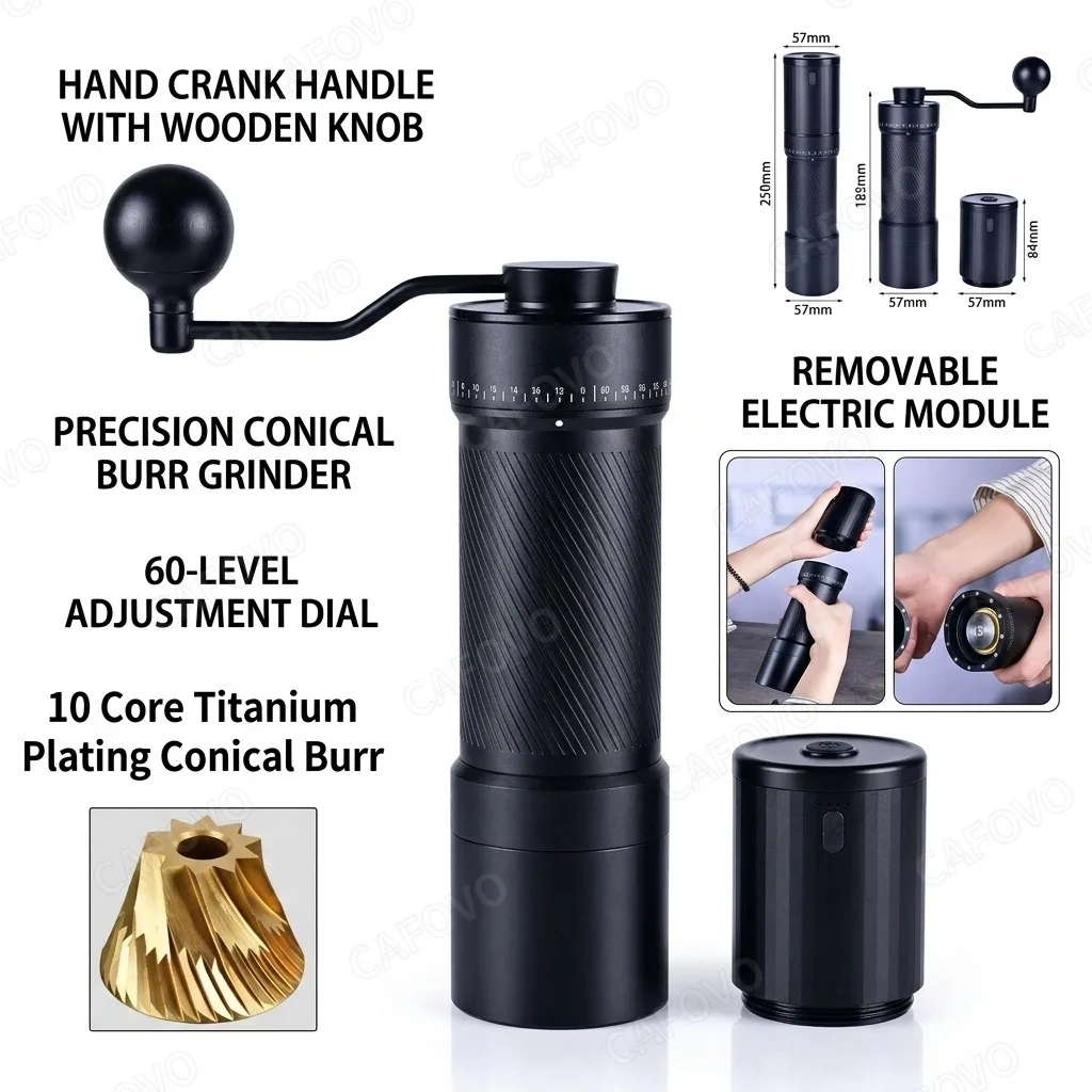 CAFOVO MG138C Coffee Grinder Electric & Manual Set 10-Star Titanium Plating Conical Burr 60-Step Precision for Espresso Travel