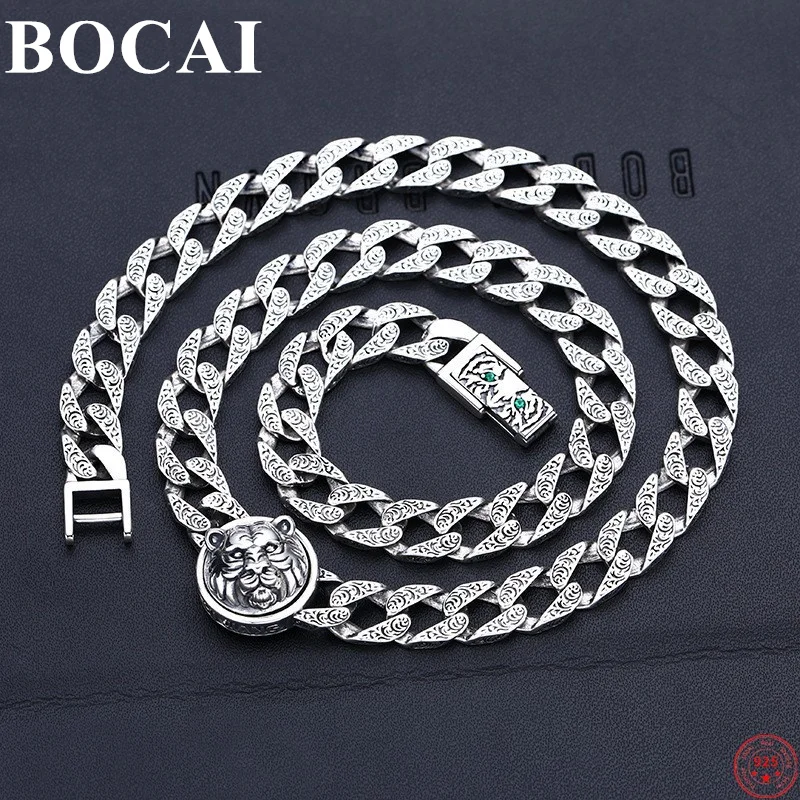 BOCAI S925 Sterling Silver Necklace for Men New Fashion Chinese Years of Tiger Eternal Rattan Cuban Link Chain Free Shipping