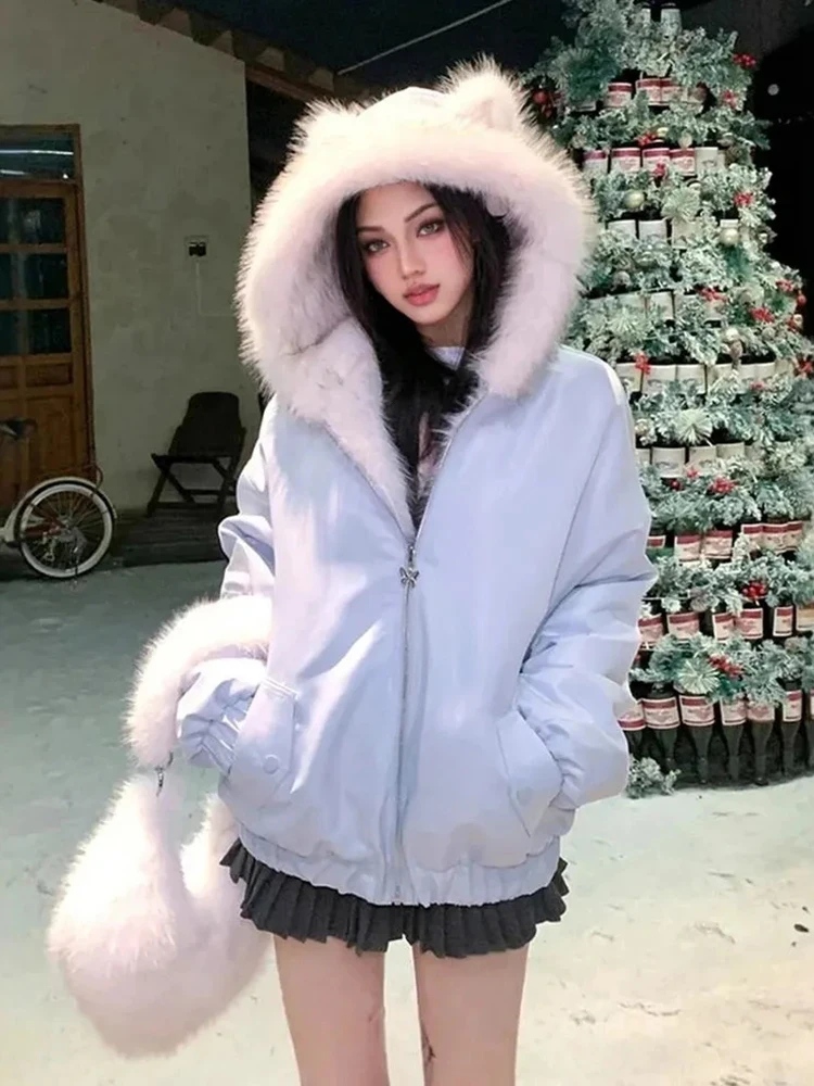 

Зимние толстые парки с капюшоном, женские уличные волосатые двусторонние теплые пальто на молнии Y2K Harajuku High Street, верхняя одежда с длинными рукавами, новинка