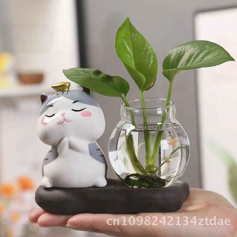 

Креативные керамические гидропонные украшения Lucky Cat, белый стол, украшения для книжного шкафа для гостиной, милый держатель для растений, подарок для всех