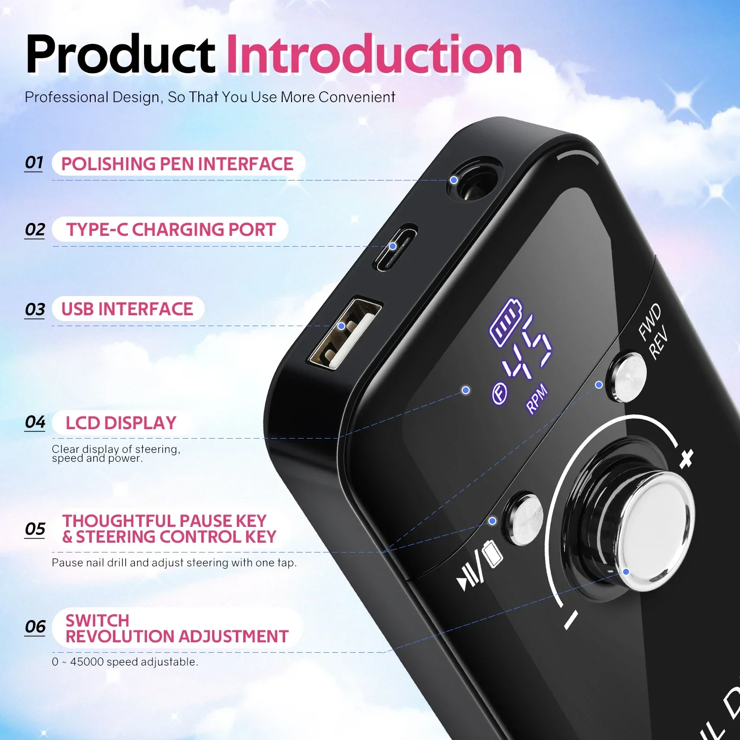 45000RPM高速電動ネイルドリル、プロフェッショナルネイルサンダー、USB電動ネイルドリル、ネイルキット、爪やすり研磨ツール