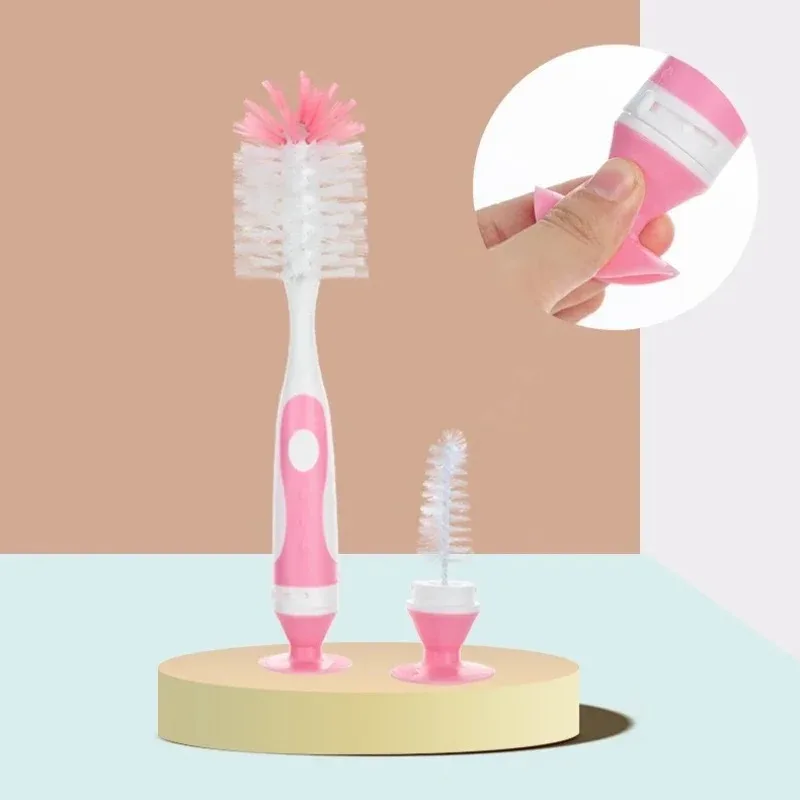 2 in 1 Mother-child Nylon Baby Bottle Cup Cleaning Brush Suction Stand Type Feeding Clean Tool Set