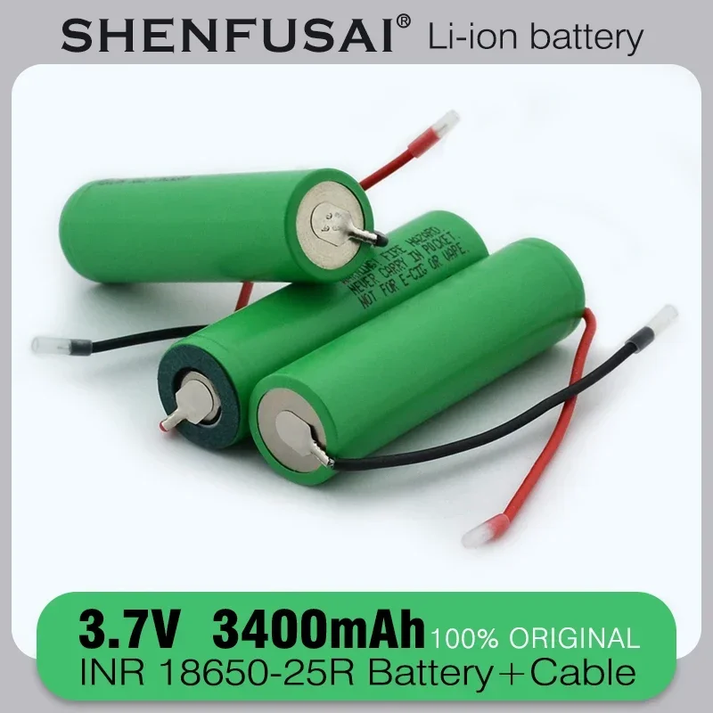 Nova bateria recarregável de íon de lítio 18650 25R 3.7V 3400mAh descarga 25A fio de silicone DIY de alta corrente