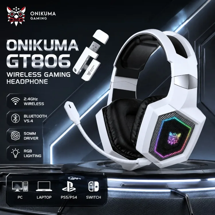 Auriculares para Juegos ONIKUMA GT806, Inalámbricos de 2.4GHz, Bluetooth 5.3, Tri-Modo, Controlador de 50mm, Micrófono RGB, Baja Latencia para PC, PS5, PS4, Laptop, Switch
