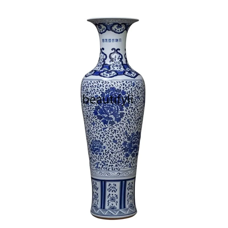 Jingdezhen Ceramic Floor Vase Chinese Hand-Painted Blue and White Porcelain Decoration Company Opening Large Porcelain Bottle