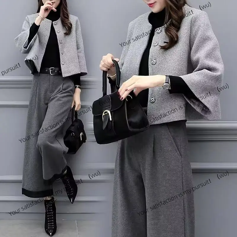 

ZOCI-Autumn and Winter Large Size Two-piece Pants Woolen Short Jacket Wide Leg Pants Casual Fashion Set