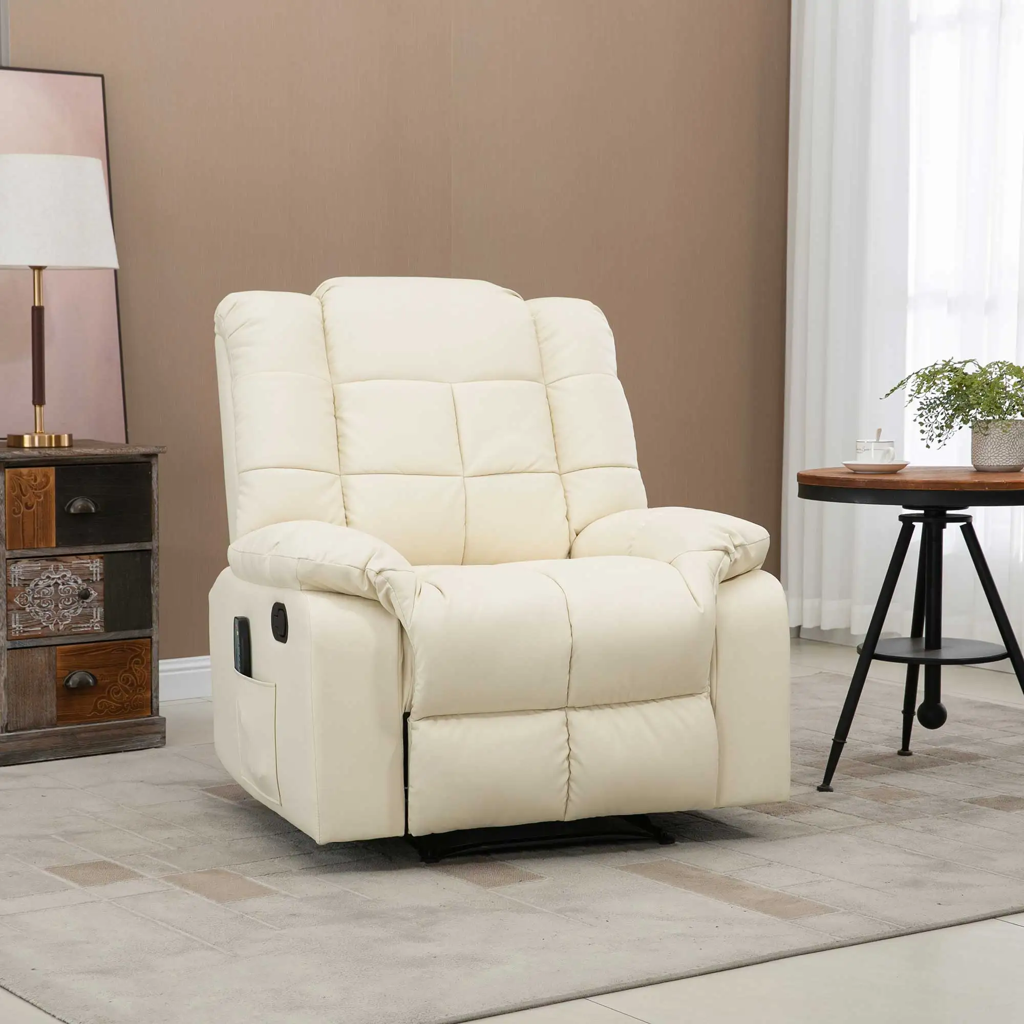 Cremeweiße elektrische Massagesessel-Liege mit Massagefunktion, Premium-Entspannungssofa aus Leder und Stahl mit Schaumstoffpolsterung, 94x99x99 cm, für Zuhause und Wohnzimmer