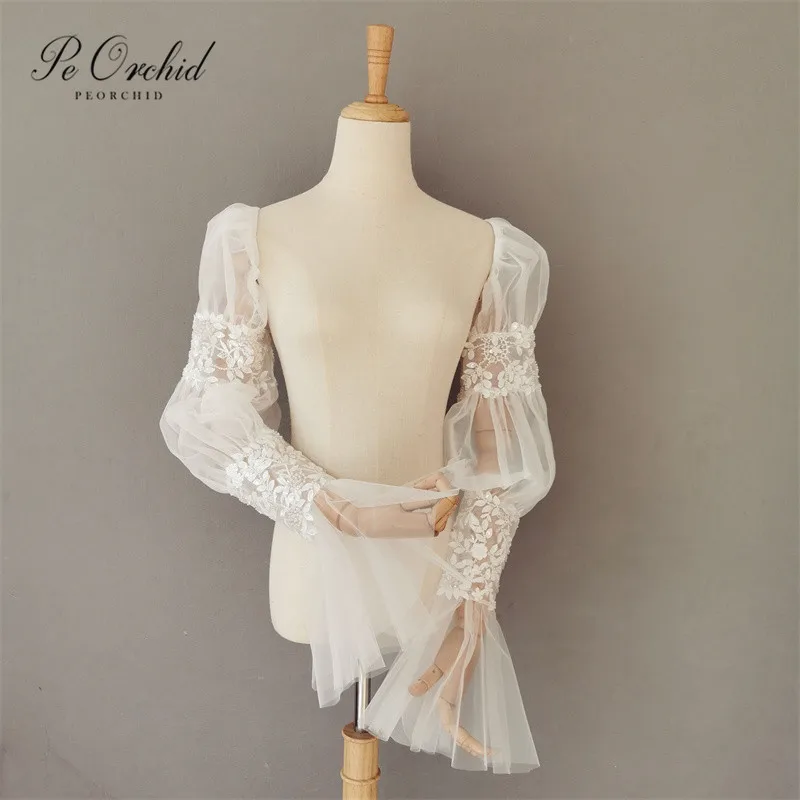 PEORCHID Removable Boho detachable Sleeves Lace and Beaded Tulle Sheer Elegant Wedding Dress Sleeves For Wedding Gown