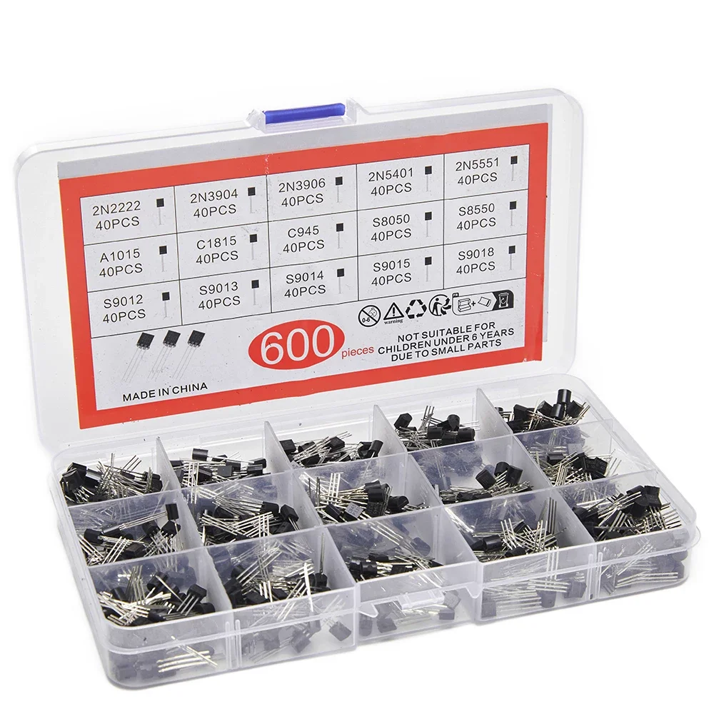 600PCS TO-92 Transistor Diodes Assorted Set 15 Types Pack of 40 Each including 2N2222 & S9018 for Electronics Projects