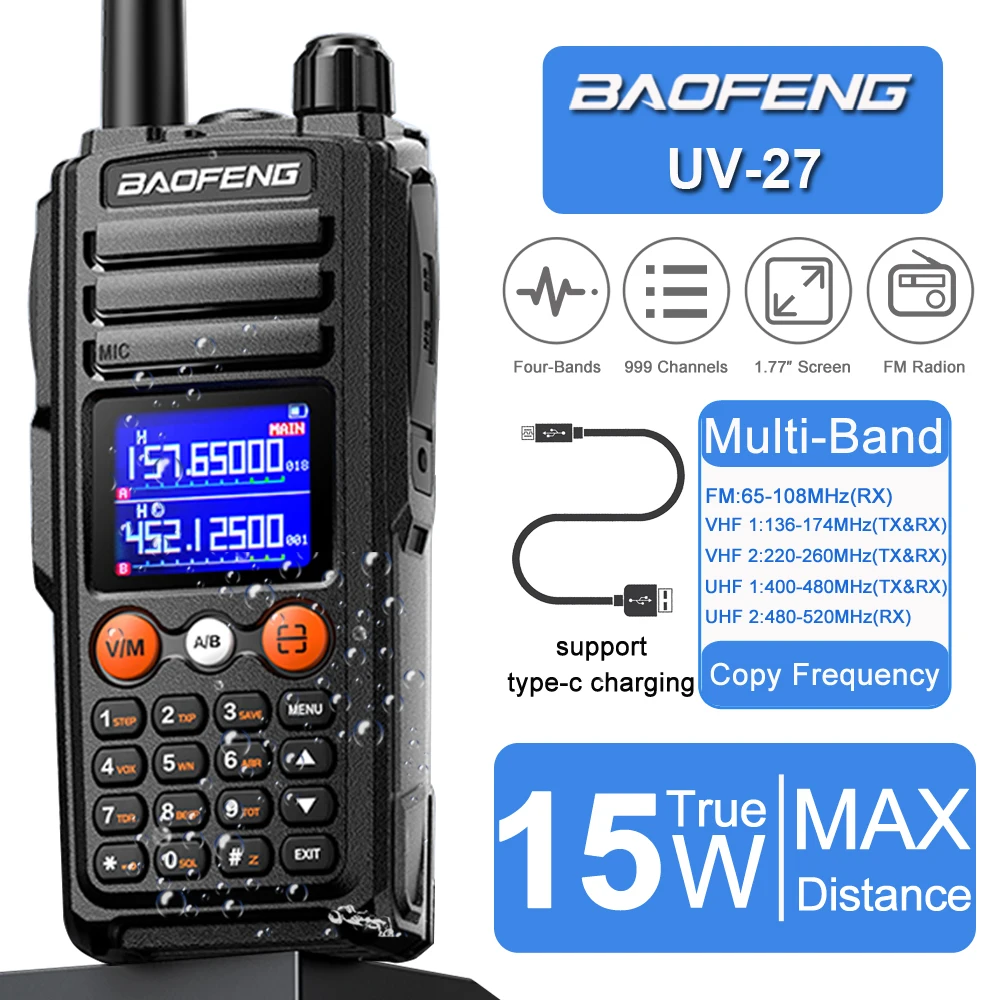

Baofeng UV-27 Walkie Talkie 15W High Power Long Range Wirless Copy Frequency 999CH Two Way Ham Radio Vhf Uhf Portable FM Radio