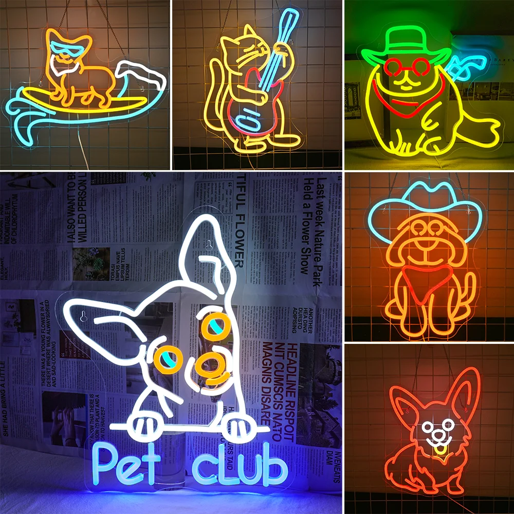 

Cowboy Dog Cowboy Cat Funny Neon Sign Led Neon Lights Dimmable Room Decoration For Pet Shop Bedroom Home Party Decor Animal Sign