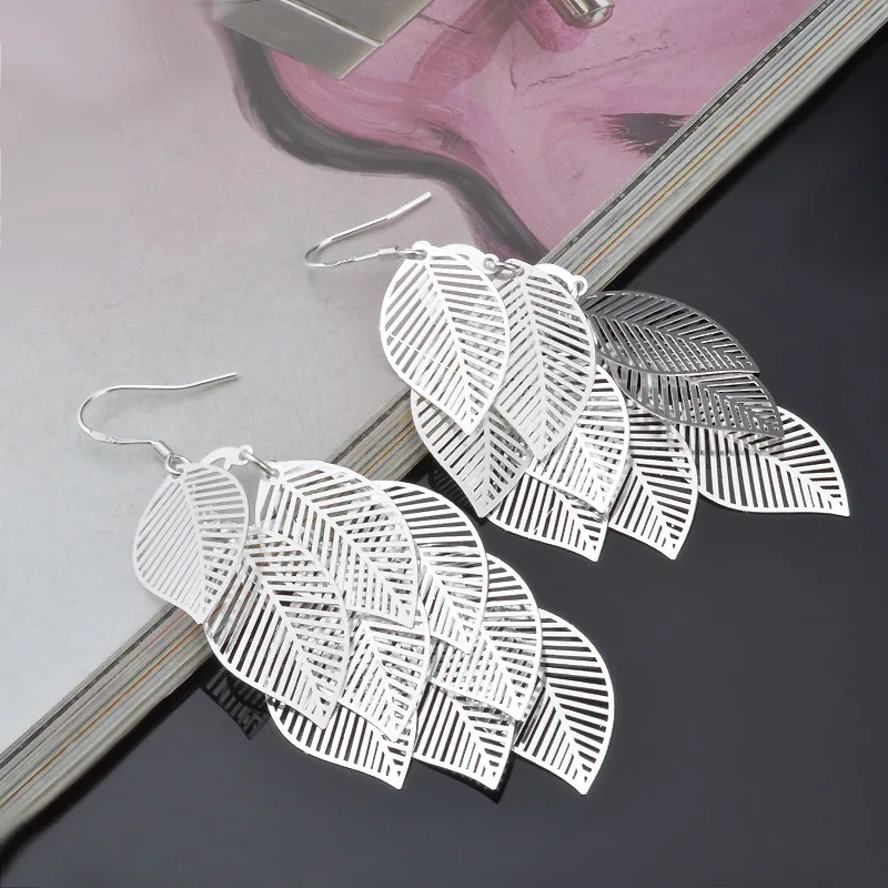 Fine 925 Sterling Silver Tassel Layered Leaves Drop Earrings for Woman fashion party Trendsetter wedding Jewelry Holiday gift