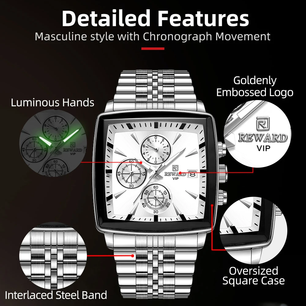 REWARD Silver Rectangle Men\'s Watches Quartz Wristwatches Luxury Business Watch Clock Luminous Hands Waterproof Clock Man