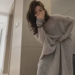 Women New Spring Loose Thin Knit Dress Fashion Long Sleeve Fashion Turtleneck Casual Sweater Dress Grey Knitted Bottoming Dress
