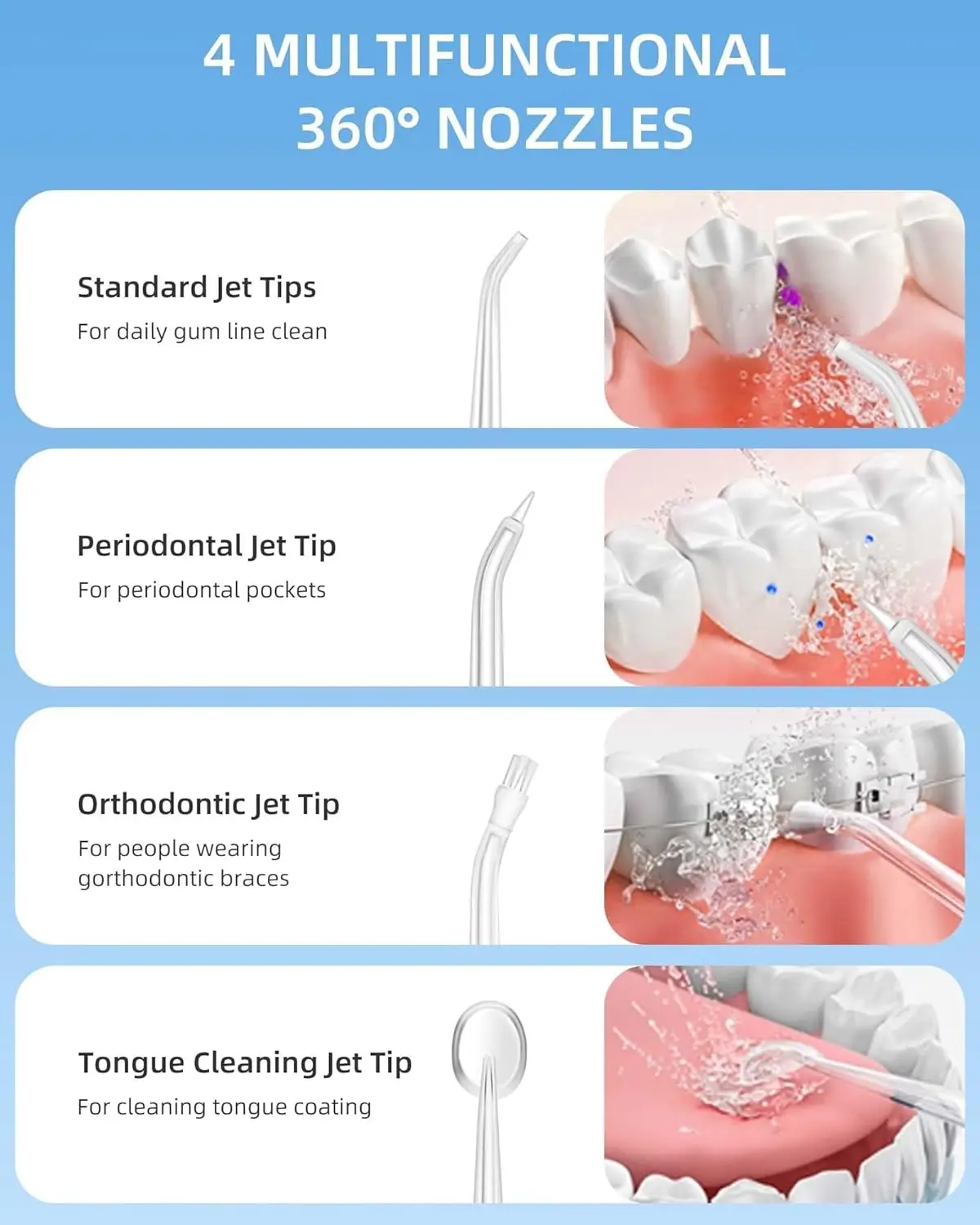 قطن الأسنان المائي - 4 طائرات 3 أوضاع جهاز تنظيف الأسنان بالماء اللاسلكي المحمول لتنظيف الأسنان، IPX7 مقاوم للماء عن طريق الفم