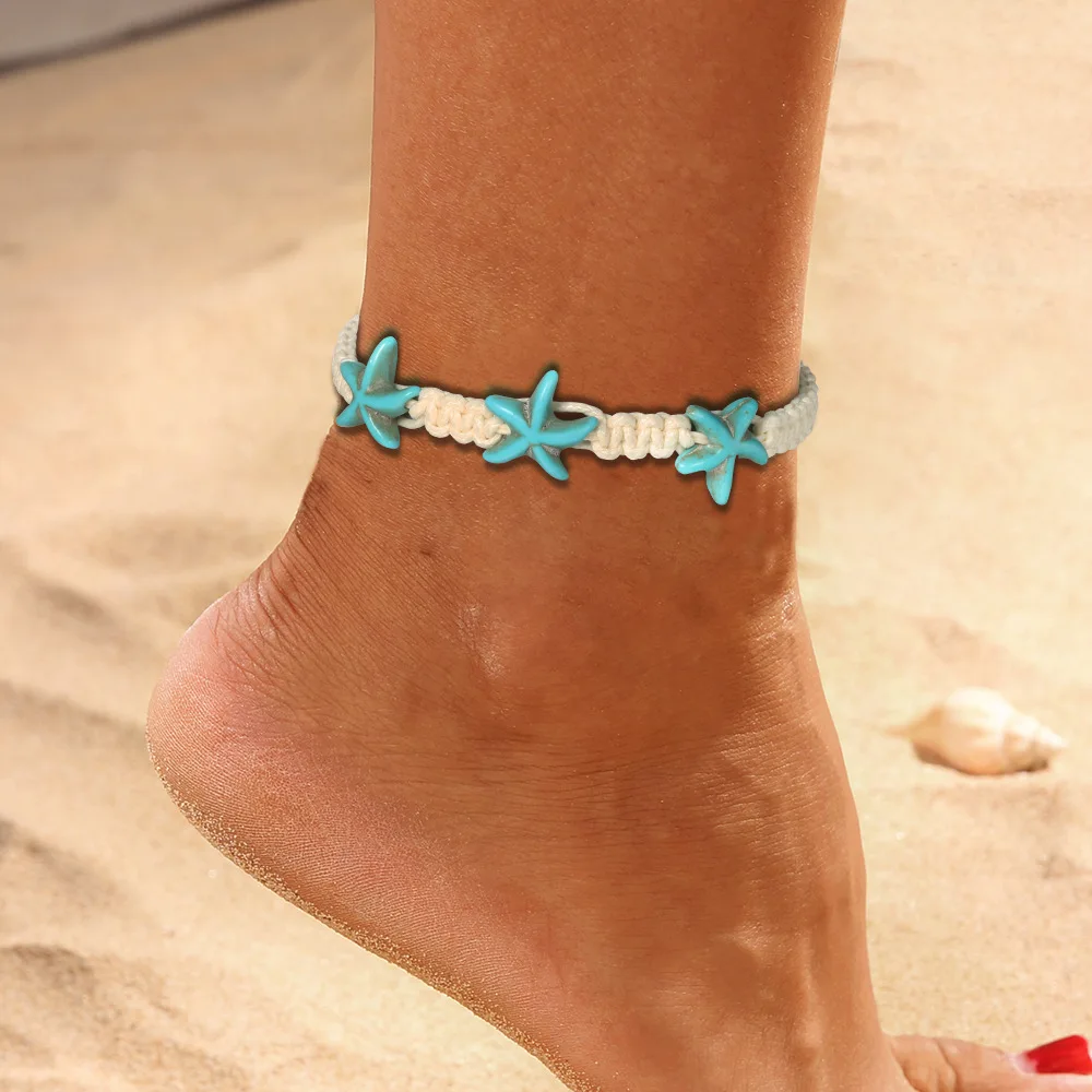 20pcs Beach Starfish Adjustable Ethnic Foot Bracelet Hand Weaving Rope Anklets for Women Men Jewelry