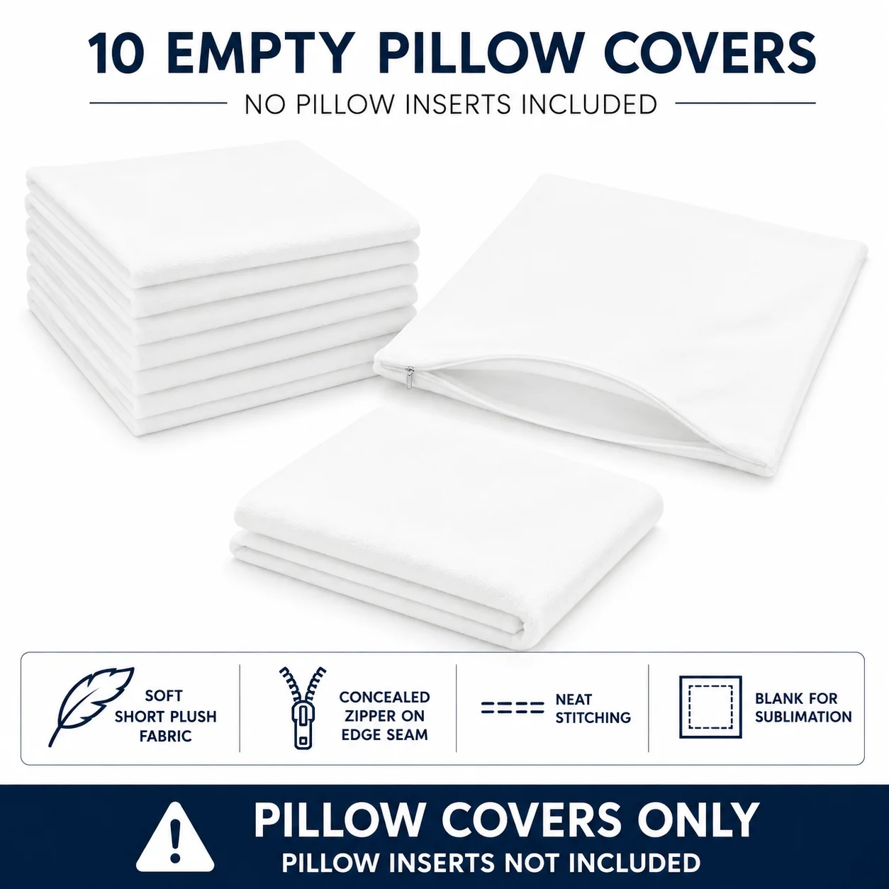 10Pcs 45x45cm White Short Plush Pillow Covers, Blank Sublimation Cushion Cases, Hidden Zipper, Inserts Not Included