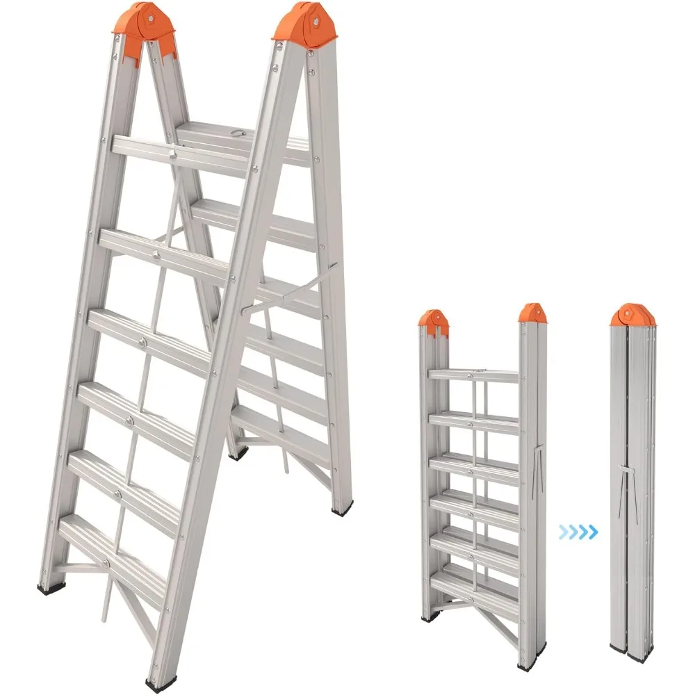 Aluminum Ladder, Foldable Twin Front Ladder, Collapsible A Frame 6-Step Ladder, Compact Step Stool with Wide Anti-Slip Pedal